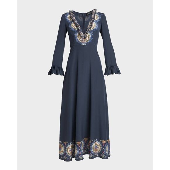 Etro Plunging Engineer Border-Print Ruffle Cady Midi Dress IT42/US6 - Picture 5 of 14